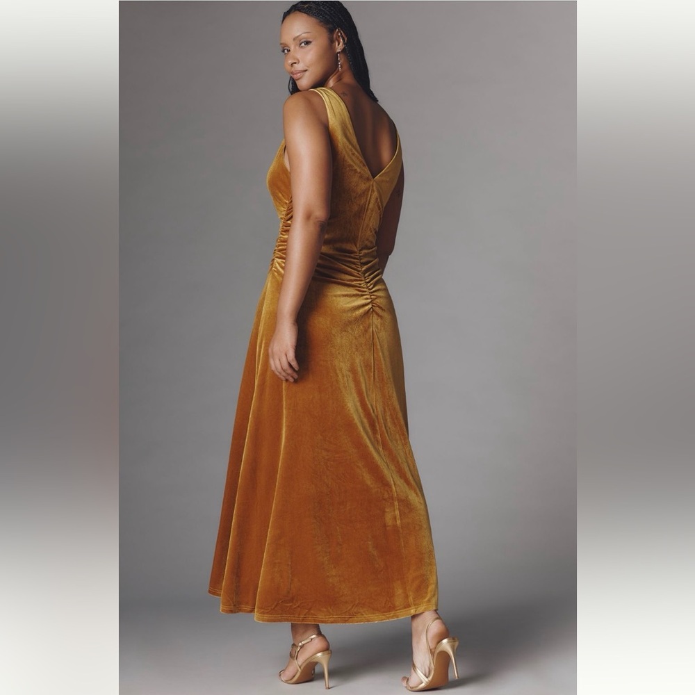 Anthropologie Stunning Gold Velvet Cowl Ruched Maxi Party Dress NWT 1X Formal 🔥 - Picture 4 of 12